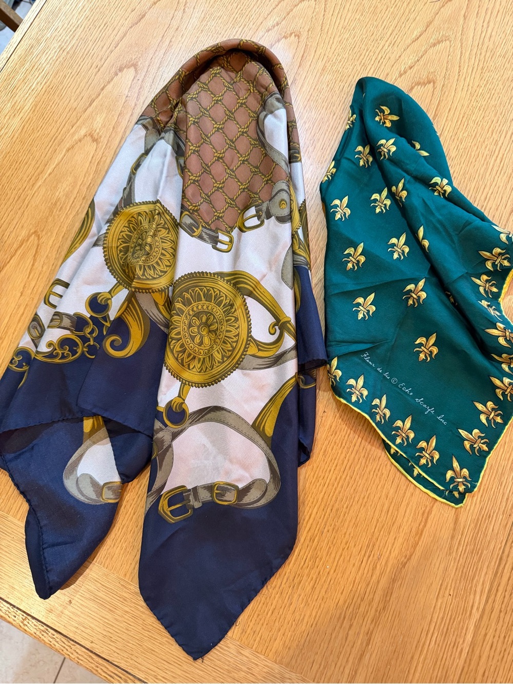 Vintage Silk Scarf Lot 2pc Echo Teal Fleur de lis Navy Equestrian